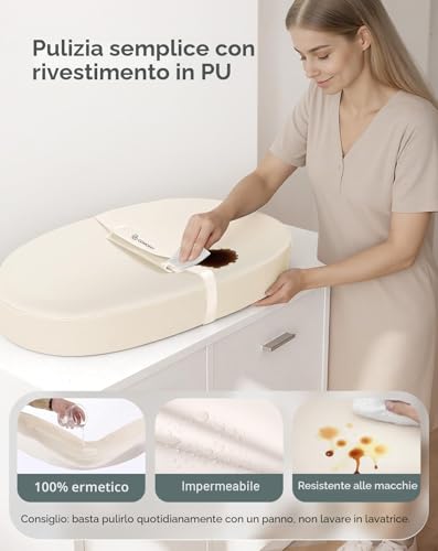 COMOMY Vegan Leather Changing Mat, 80 x 40 cm, Waterproof and Washable, with Safety Belt and Non-Slip Design, Soft Lightweight Changing Pad (Beige)