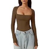 QINSEN Women's Sexy Square Neck Shirt Long Sleeve Double Lined Tees Fitted Going Out Tops