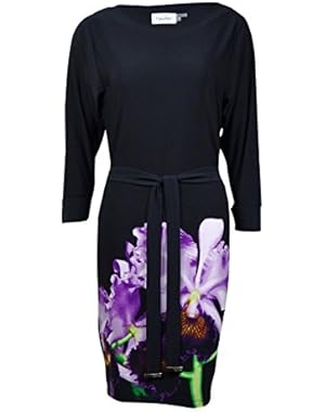 Calvin Klein Women's Plus-Size Three-Quarter Sleeve Floral Dress with Self-Tie