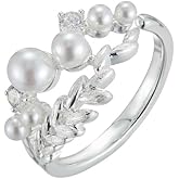 Kokoma Pearl Wheat Statement Ring for Women, Silver Plated Adjustable Open Band Crystal Leaf Promise Stacking Engagement Rings Band Wedding Jewelry