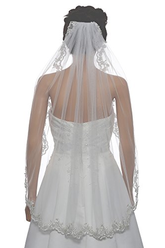 SAMKY 1T 1 Tier Scallop Beaded Embroidered Lace Fingertip Length Bridal Veil 36"