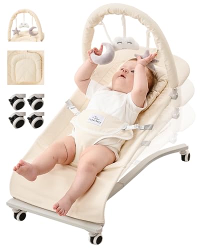 CuddoBaby Baby Bouncer with Lockable Wheels, Soft Head Cushion, Hanging Dolls for Hand-Eye Coordination, 100% Cotton Seat, 3-Level Recline, Foldable for Newborn to Toddler, 0-12 Months – Beige