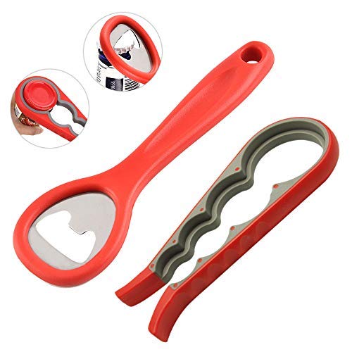 YOFASEN Jar Opener and Bottle Opener - 2PCS Non-Slip Lid Opener for Multiple Sizes Remove Stubborn Lids, Pull Tabs and Bottles Kitchen Gadgets(Red)