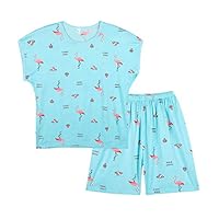 Hupohoi Big Girls Summer Soft Pajama Sets Cute Flamingo Cartoon Sleepwear 2PCS Blue