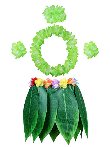 PIXHOTUL Leaf Hula Skirt with Hawaii Leis Grass Skirt and Artificial Hibiscus Flowers Costume for Beach Hawaiian Luau Tiki Party (Color 3)
