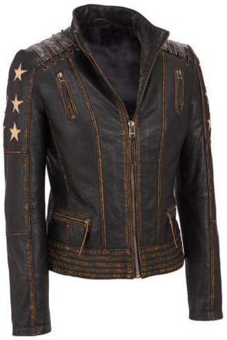 Women's Distressed Cafe Racer Vintage Stars Retro Leather Biker Jacket