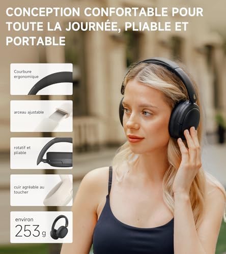 W800BT Pro Casque sans Fil Hybride de Réduction de Bruit Actif - Son Haute Résolution - IA Annule Bruit Appels - 45 Heures de Lecture - Charge Rapide - Pliable - Bluetooth 5.4 - Noir