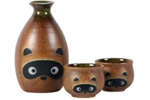 Miya Company 3-Piece Tanuki Raccoon Sake Set (Bottle and Cups) - Unflavored - Sake Set