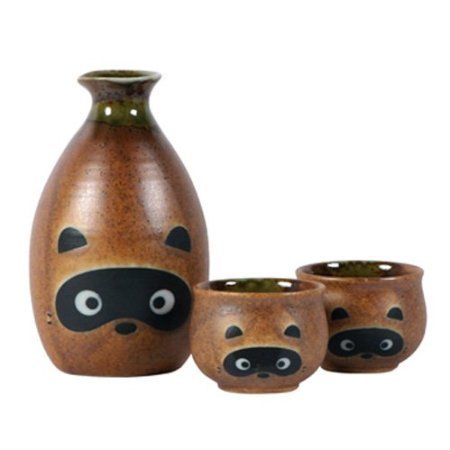MIYA 3-Piece Tanuki Raccoon Sake Set with Bottle and 2 Cups