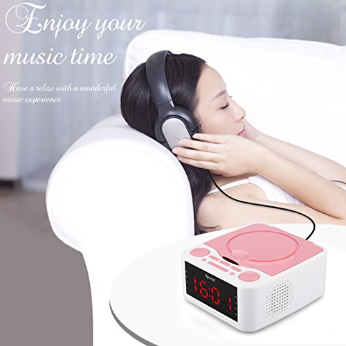 Alarm Clock Radio, CD Player, with USB Port, Headphone Jack, Aux Input, Remote Control, 12 /24H Time Display with Backlight, Sleep Timer (Pink)