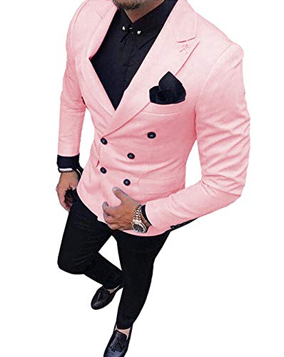 Fitty Lell Men's Suit 2 Piece Formal Double Breasted Groom Blazer Mens Wedding Suits(38 Regular,Pink)