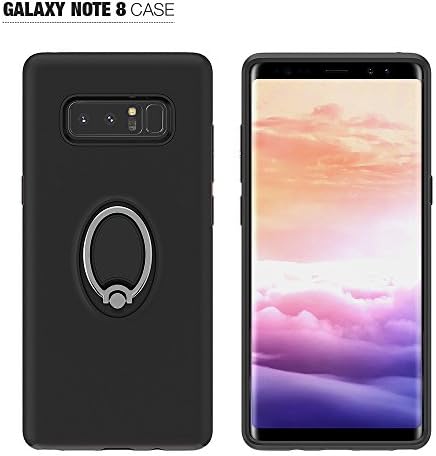 SAMSUNG GALAXY NOTE 8, Heavy Duty Case Cover with Flexible Inner Protection and Reinforced Hard Bumper Frame Simple Stylish With Car Mount Function 360 Rotating Ring Grip Holder(Black)