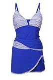 Aleumdr Womens Plunge V Neck Patchwork Striped Tankini Swimsuit with Pantskirt Sexy Tankinis Large Size Blue