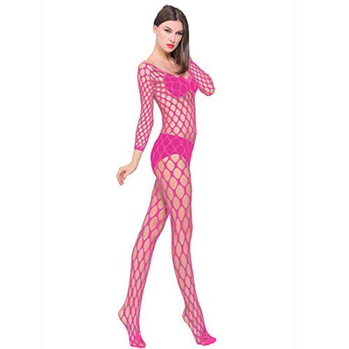 YCWL Fishnet Underwear Bodysuit Women Hollow Hole Wearing Sheer Mini Dress Halter Skirt Mesh Pajamas Hollow Sheer Lingerie Bodysuit Babydoll (Rose red)