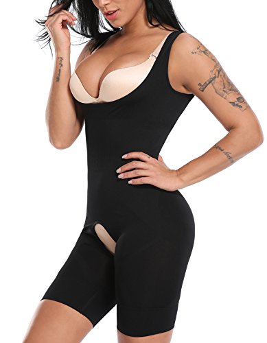 SLIMBELLE Women's Seamless Body Briefer Full Body Shaper Open Bust Mid Thigh Bodysuit with Firm Tummy Control-Black-2XL&3XL