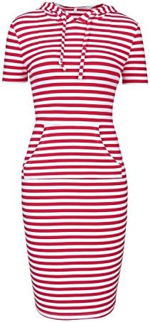 Women's sweatshirt Short Sleeve Pullover bodycon Stripe Keen Length Slim Hoodie Dress with Kangaroo Pocket for Sport Causal (L, Red White Short Sleeve)