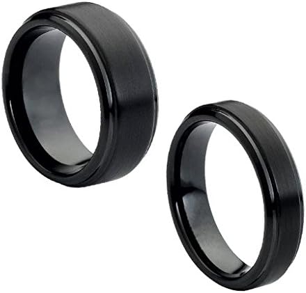 Wedding Band Ring Set For Him &amp; Her - 8MM/6MM Tungsten Carbide Black Enamel Beveled Edge