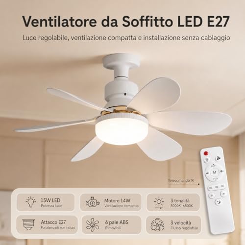 MARSI Ceiling Fan with LED Light 52cm, Chandelier Fan E27, 6 Removable ABS Blades, DC Motor, 3 Speed, Adjustable Light, IR Remote Control, for Bedroom and Living Room