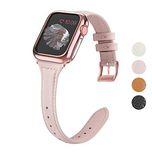 MARGE PLUS Compatible Apple Watch Band with Case 38mm 40mm Women, Slim Genuine Leather Watch Strap with Soft TPU Protective Case Replacement for iWatch Series 4 3 2 1, Pink with Rose Gold Buckle - Thumbnail 7