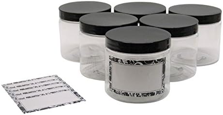 Clear 16 oz Plastic Jars with Black Lids (6 pk) with Labels - PET Round Refillable Containers