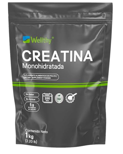 Wellthy Creatina Monohidrata Micronizada 1kg. 100% Pura, Pre Entreno Sin Sabor y Sin Azúcar, 5g de Creatina por porción, 160 días de Consumo, Scoop Incluído, Bottle Free.