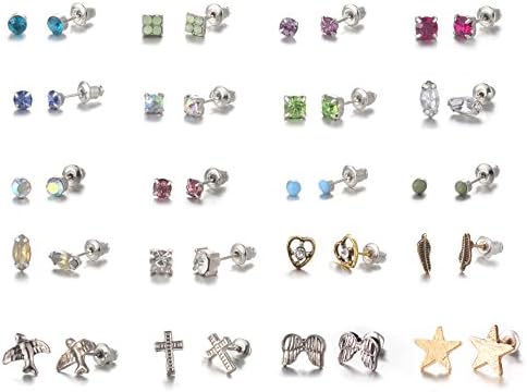 20 Pairs Stainless Steel Mixed Color CZ earrings cute animal heart star stud earrings set