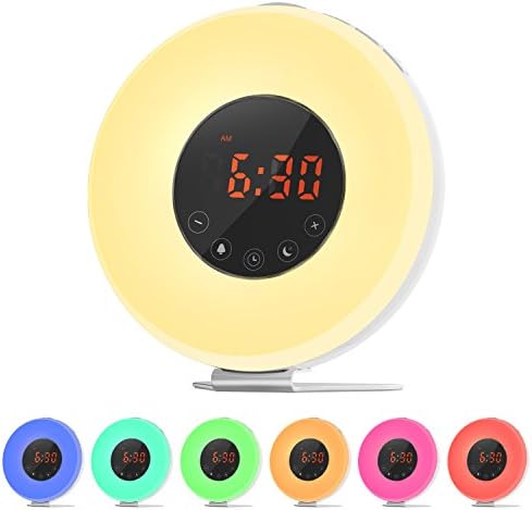 Ifecco Wake-up Light Alarm Clock with Sunrise and Simulation, LED Moon Night Plus 7 Color Changing Support FM Radio Alarm, Touch Control