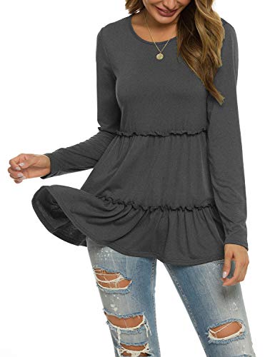 Womens Ruffle Tunic Loose Long Sleeve T-Shirt Lightweight Fall Clothes Dark Grey S