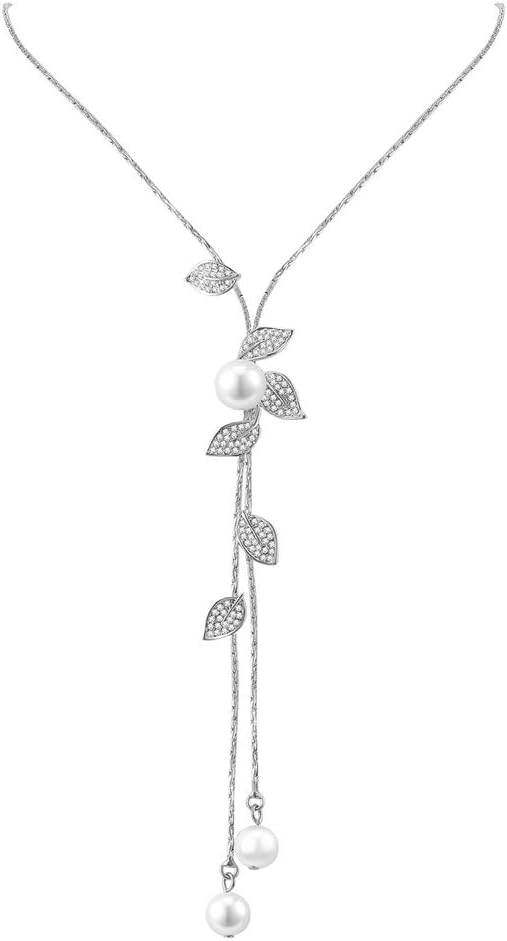 Lariat Y-Shaped Necklace High End Leaf Dangle Long Jewelry with Crystals Pearl