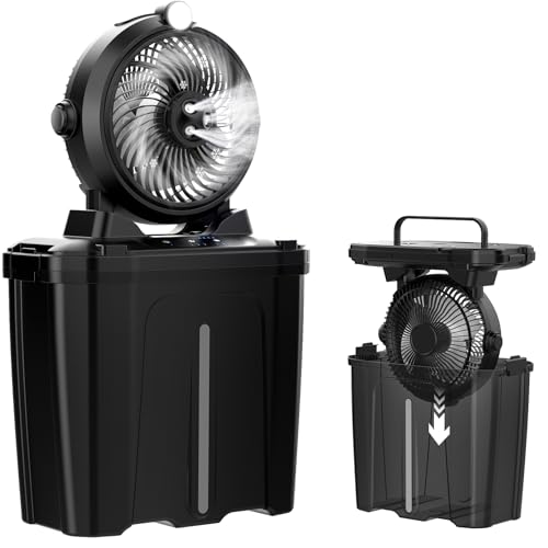 XTTANK Camping Misting Fan with 11L Bucket & LED, 20000 mAh Battery Portable Fan, 3 Speed, 3 Mist Modes, 45° Vertical Oscillation, Camping/Fishing/Travel