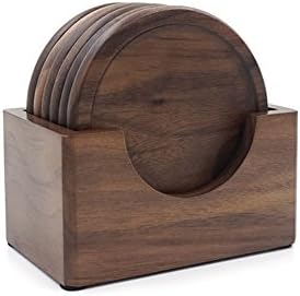 XYTMY Creative Drink Coasters Set Round Elegant Walnut Placemats for Tea Coffee Beer Mugs, Set of 6 with Holder.