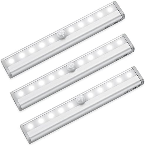 FEICAN 10 LED Motion Sensing Closet Lights, 3 Pack DIY Stick-on Anywhere Portable 10-LED Wireless Cabinet Night/ Stairs/ Step Light Bar with Magnetic Strip (Battery Operated)