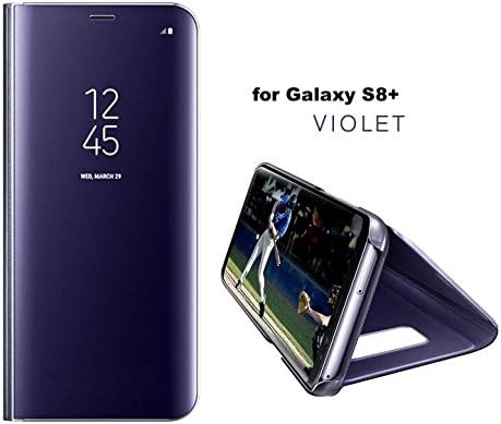 For Samsung S8+, Holder Phone Case Electroplate Clear Smart Kickstand Mirror View Flip Cover Sleep Wake (Purple)