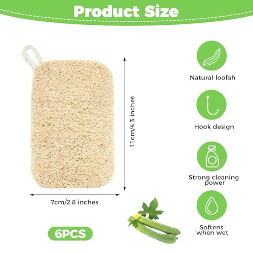 6 Pieces Loofah Natural Scrubber 9 x 14 cm, Loofah Sponge, Natural Loofah Kitchen Scourer, Stain Resistant, Oil Repellent, Highly Absorbent, for Bathrooms/Kitchens/Countertops