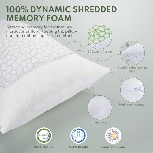 HEYCUZI Pillows Queen Size Set of 2 - Cooling Shredded Memory Foam Pillow for Sleeping 2 Pack, Adjustable Cool Bed Pillows for Side, Back, and Stomach Sleepers, Gel Pillow Washable Removable Cover