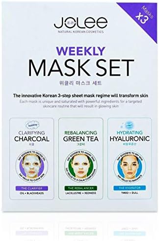 JoLee Weekly Face Sheet Mask Set 3 Pack, Black Charcoal Bubble – Green Tea & Collagen – Hyaluronic Acid Gel Facial Detox Kit for Deep Purifying, Revitalising, Moisturizing, Natural Korean Skincare