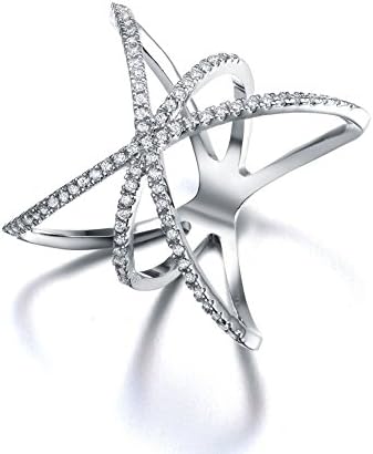 Redbarry Trendy Cross X Shaped Mid Finger Rings with Tiny CZ Paved in 18k White Gold Plated, Size 8