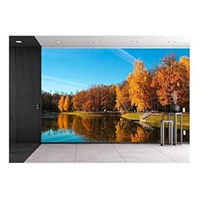 Golden Autumn in City Park with a Pond for Sunny Weather. - Removable Wall Mural | Self-Adhesive Large Wallpaper - 66x96 inches