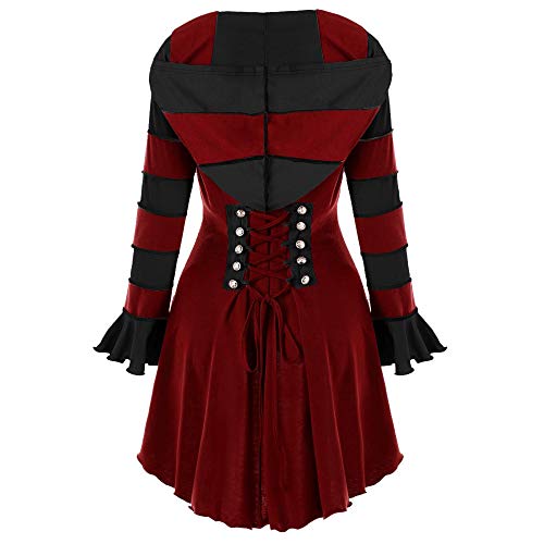 Women Tunic High Low Hooded Long Sleeve Corset Double Breasted Coat Blouse (Wine, XL/US:12.0) - Thumbnail 3