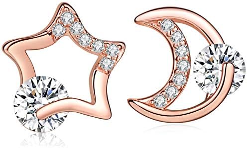 Yumilok Jewelry 925 Sterling Silver Rose Gold Plated Cubic Zirconia Hollow Moon and Star Stud Hypoallergenic Earring for Women/Ladies/Girls