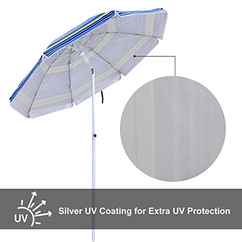 SONGMICS 7 Feet Fiberglass Beach Umbrella, Heavy Duty Outdoor Sports Umbrella, Sun Shade with Tilt Mechanism, Carry Bag - for Beach, Gardens, Balcony and Patio Blue and Yellow Stripes UGPU07UY