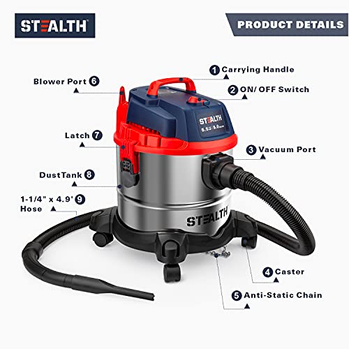 Stealth Wet Dry Vacuum, Portable 5 Gallon 5.5 Peak HP Stainless Steel