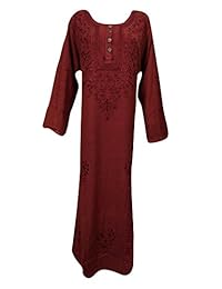 Mogul Womens Maxi Dresses Maroon Rayon Embroidered Caftan Bohemian Full Length XXL