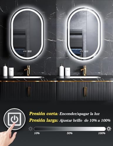 SAGIWO Espejo de Baño LED 50 * 70 cm, Espejo Inteligente Antivaho Ovalado, con Luz Ajustable en 3 Colores, Función de Hora, Instalación Vertical/Horizontal