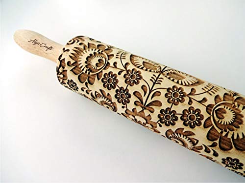 FOLK rolling pin. Wooden embossing rolling pin with folk flowers. Embossed cookies. Pottery. Birthday gift. Gift for mother. Embossing rolling pin - Thumbnail 3