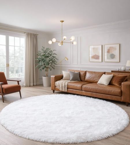 MARATIP Teppich Wohnzimmer Weiß Ø 150 cm Flauschig Weich
