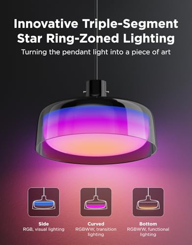 Govee Lámpara colgante para isla de cocina, iluminación inteligente RGBIC de tres capas, compatible con Matter, 1300LM 2700K-6500K regulable negra, accesorio de luz colgante que funciona con Alexa