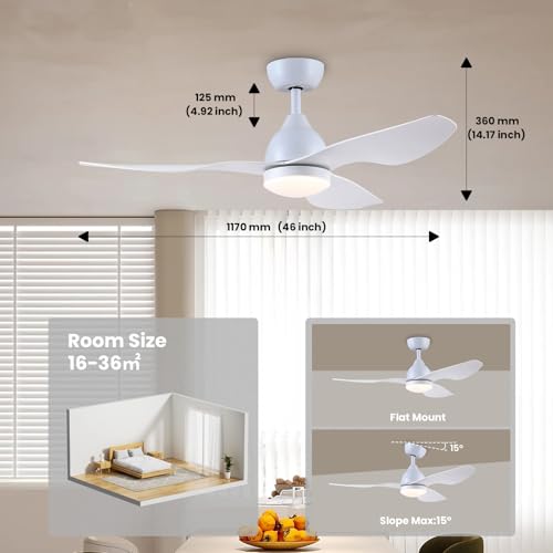 Newday 46”White Ceiling Fan with Light and Remote, LED Lamp Dimmable, Quiet Reversible DC, Sleep Mode, 3 Timer for Bedroom Living Room Kitchen Terrace Conservatory