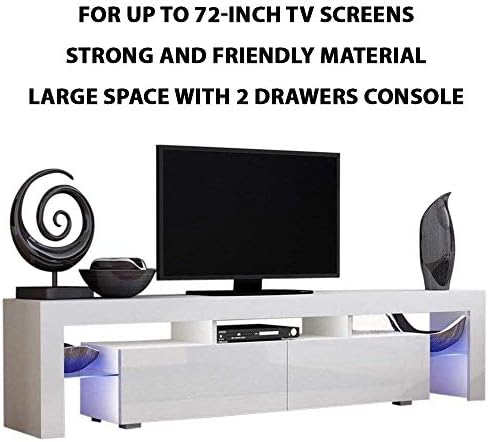 Galax Supply 63" TV Stand | Elegant High Gloss LED Light Glass Shelves | TV Cabinet Modern TV Table 2 Drawers Console | Durable Entertainment Center (White) for up to 72-inch TV Screens