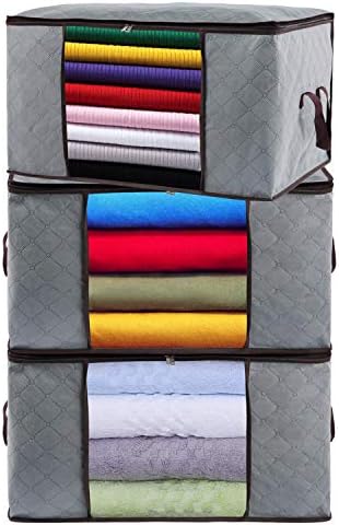 布団収納袋 3枚組 衣類 収納袋 不織布 大容量 羽毛布団 ふとん 毛布 衣類収納ケース 活性炭消臭 防水 防塵 防虫 クリア窓付 持ち手付き 収納ボックス グレー 60x40x35cm